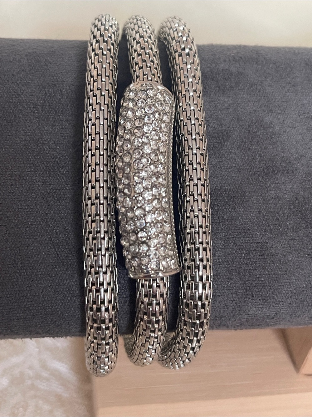 Sparkling Pavé Mesh Coil Bracelet Trio - Silver Tone